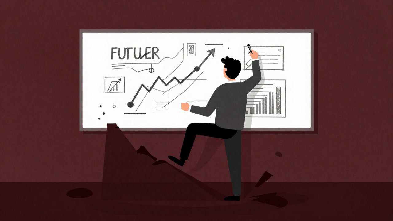 Illustration of a businessman drawing future plans with a collapsing graph