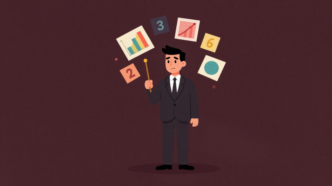 Illustration of a businessman holding a divination stick like a fortune teller against a backdrop of colorful charts and flying numbers.