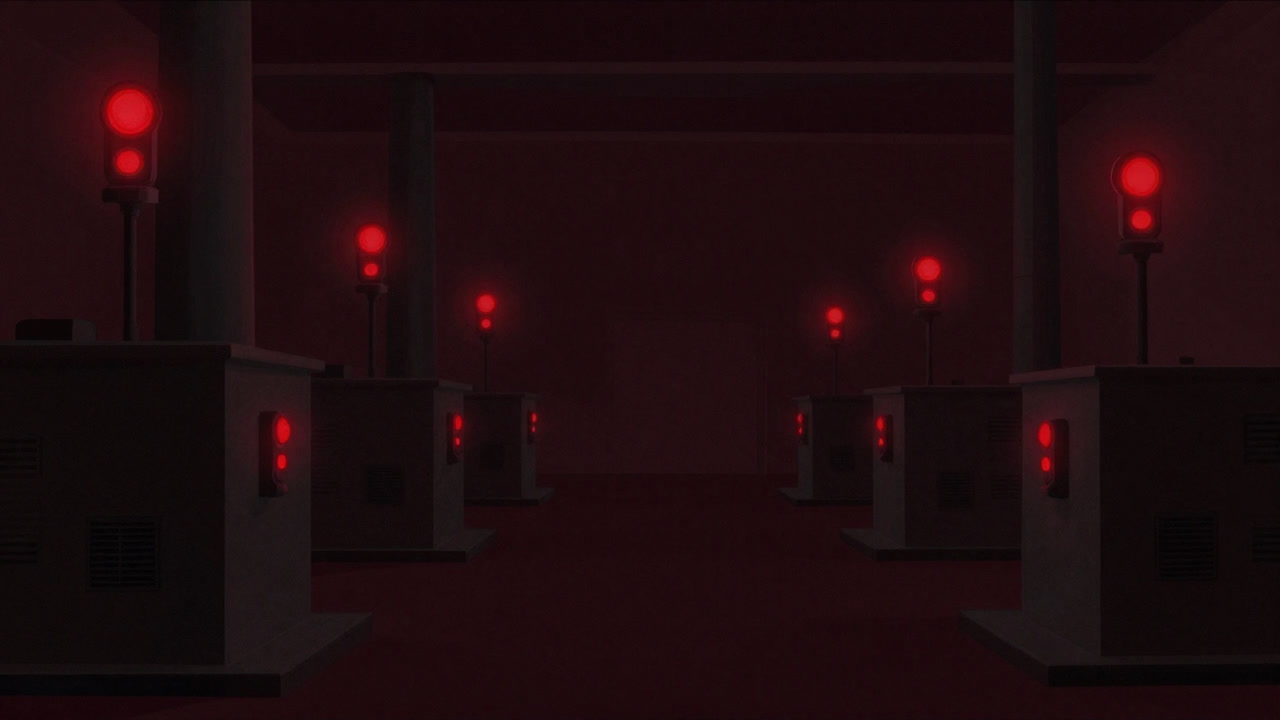 A factory machine covered with red blinking sensors, eerily illuminated in a dark environment