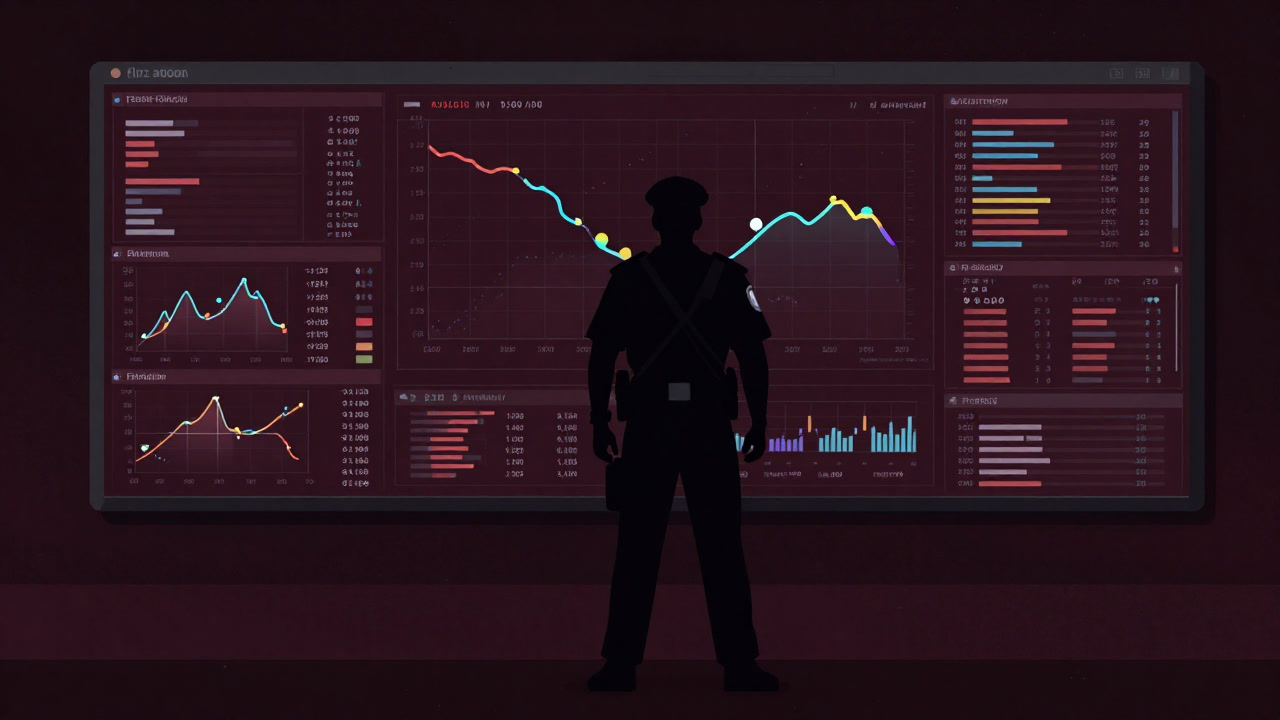 ビッグデータであふれたダッシュボードを背に、不安げに立つ警察官のシルエット