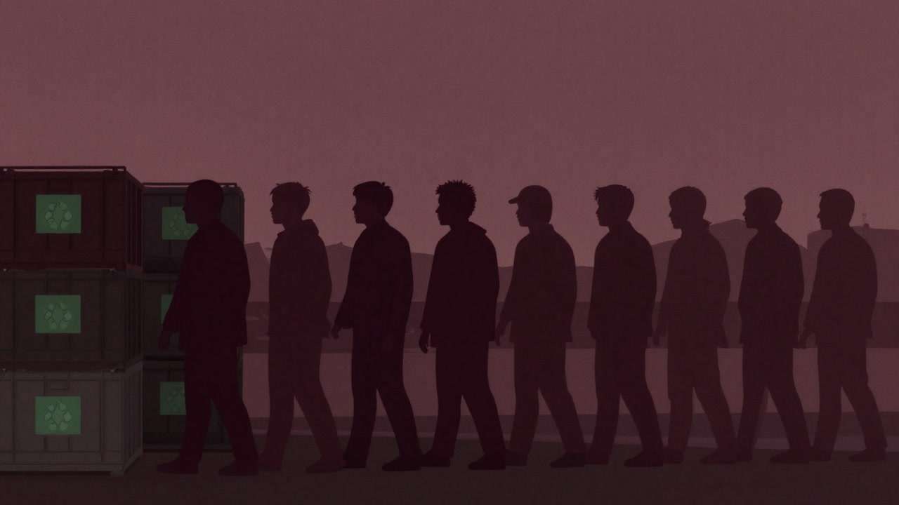 Silhouettes of people lining up in front of boxes labeled with environmental tags