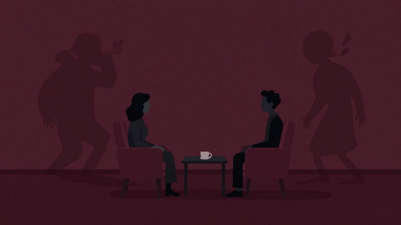 A counseling room where shadows of doubt creep behind a couple facing each other
