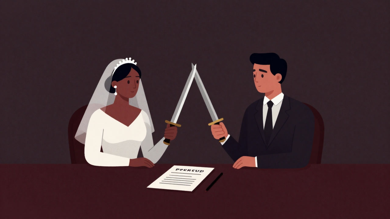 婚前契約書を前に凍りつく新郎新婦のイラスト