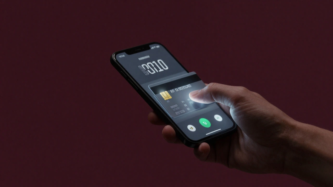 買い物前に残高を確認し、肩をすくめる人と光るプリペイドカードのアップ