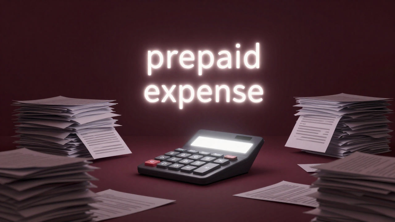 光る電卓の前に山積みされた紙束と「前払費用」の文字が浮かぶ会計風景