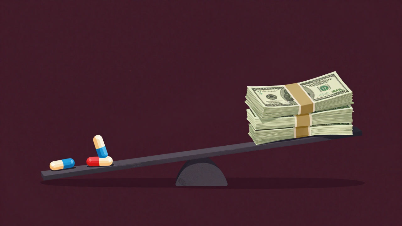 Image of pills and stacks of cash balanced on a scale facing off