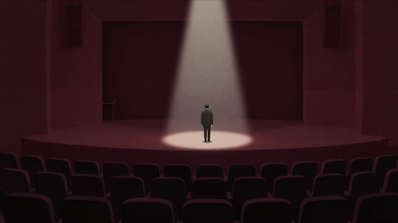 Illustration of a performer under a spotlight standing alone in deep darkness with nobody watching