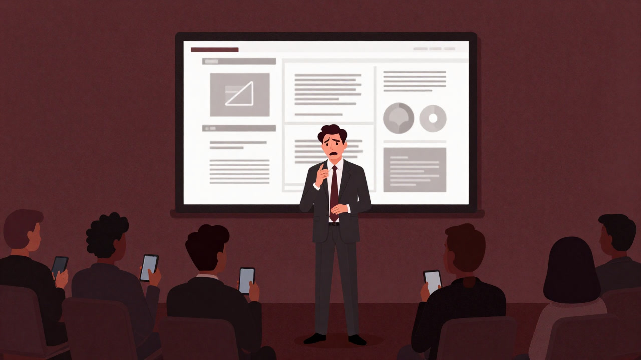 Illustration of a nervous presenter in front of slides and an expressionless audience checking smartphones.