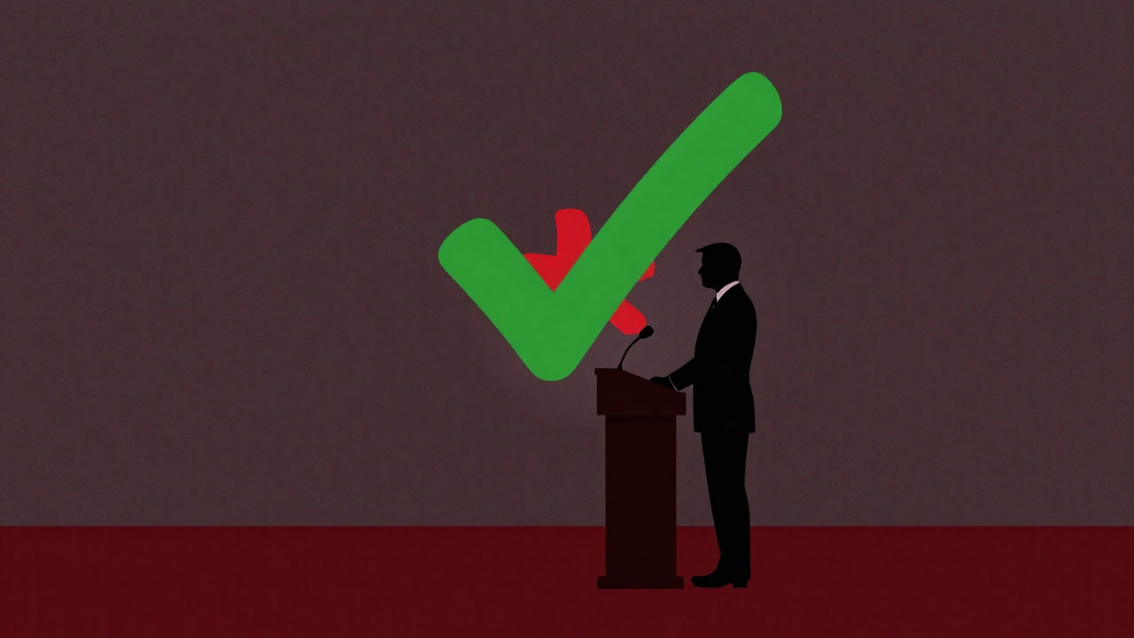 赤いカーペットの上で演説台に立つシルエットの大統領を背景に、巨大なチェックマークとバツ印が空中に浮かぶ画像