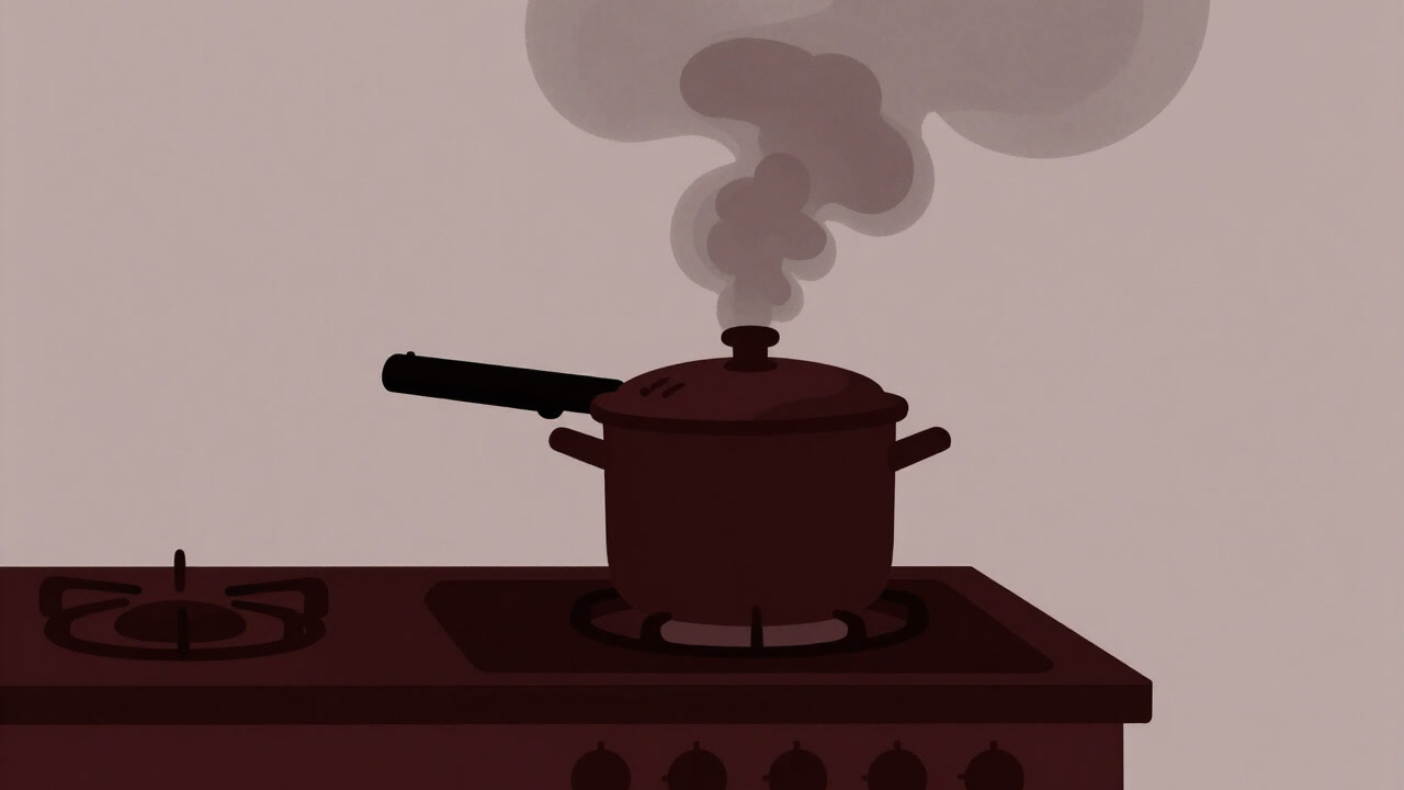 An image of a pressure cooker releasing steam, as if angrily dominating the kitchen environment.