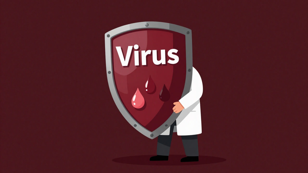 白衣を着た人間が巨大な盾に「ウイルス」と書かれた飛沫を防いでいるコミカルなイラスト