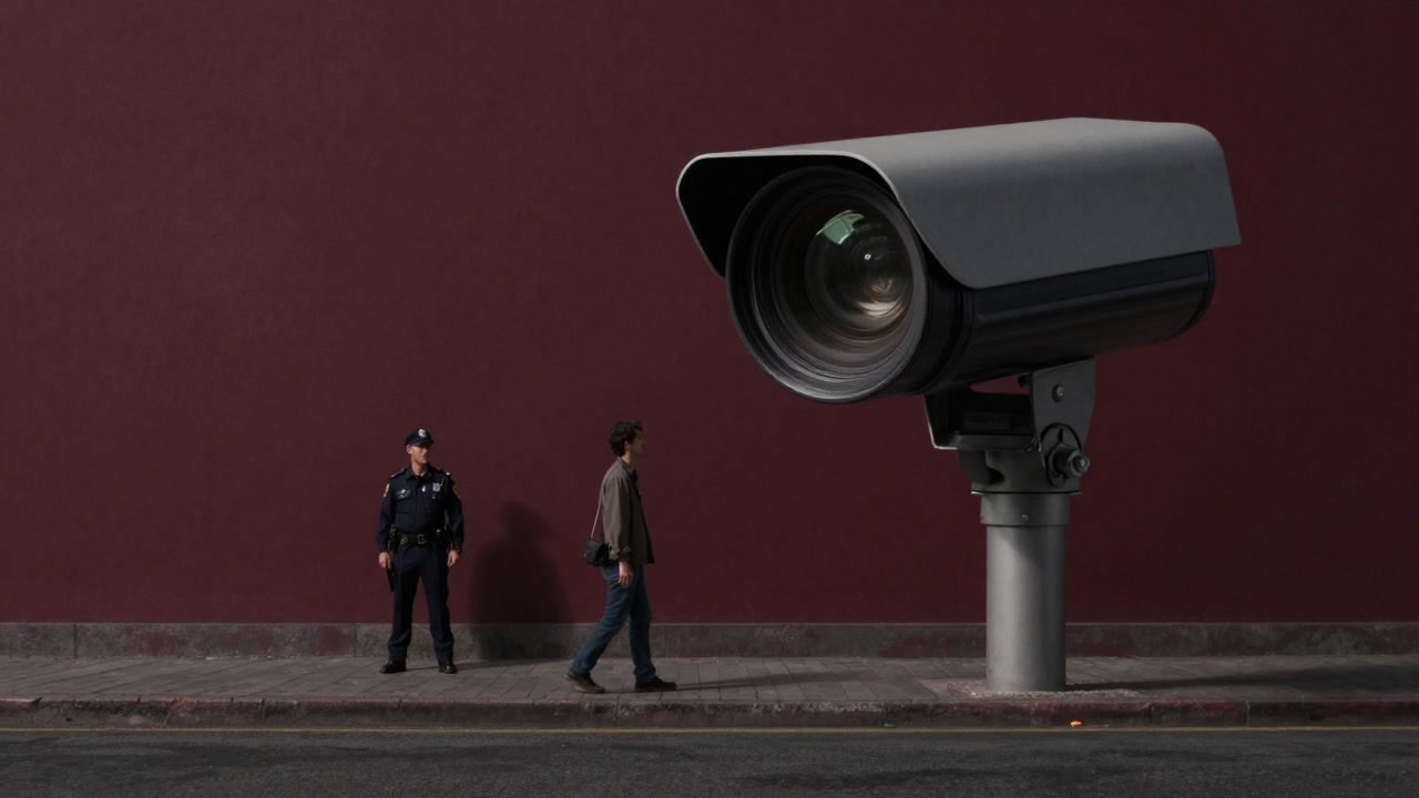 路上で監視カメラの眼差しを正面から受け、背後に官服姿の警察官が影のように立つイメージ。