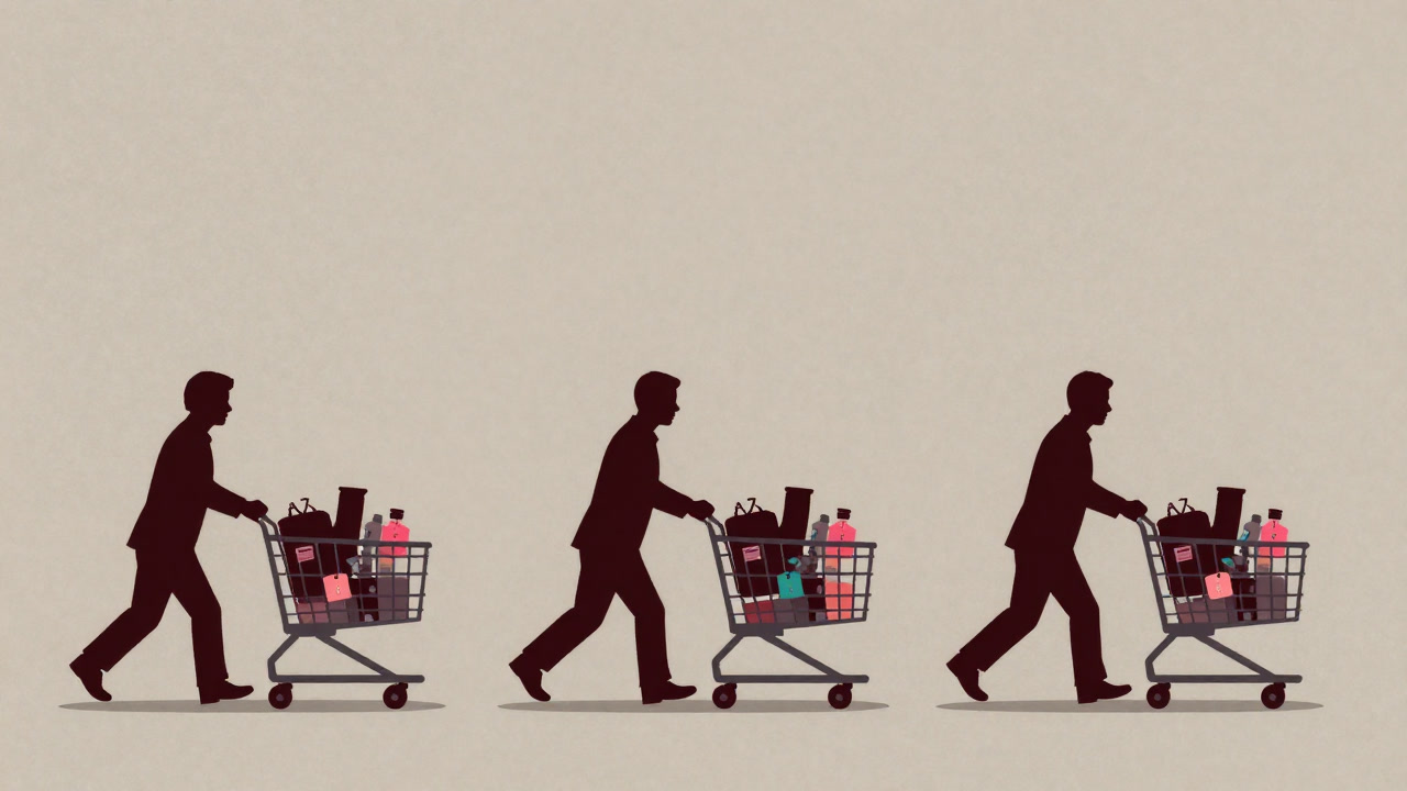 Illustration of silhouettes of various consumers pushing shopping carts lined with different colored price tags.