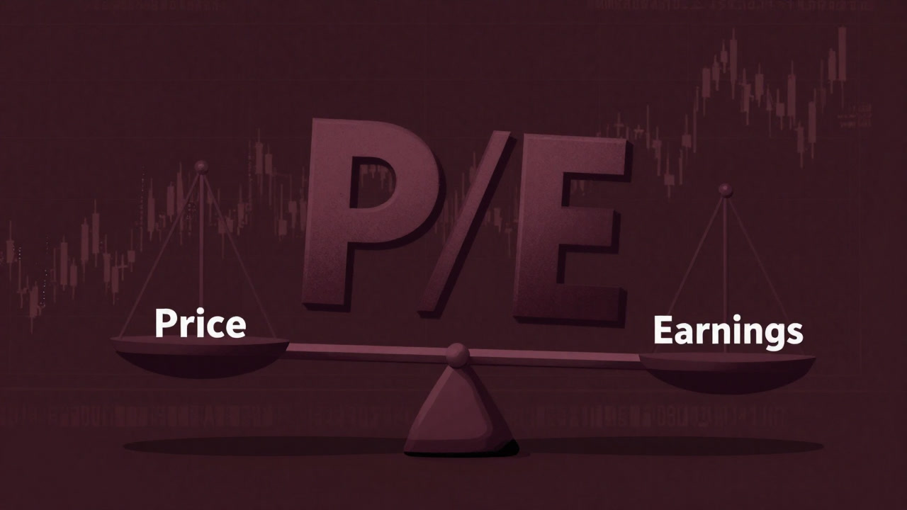 損益の天秤の上で揺れる巨大なP/Eの文字が描かれたイラスト