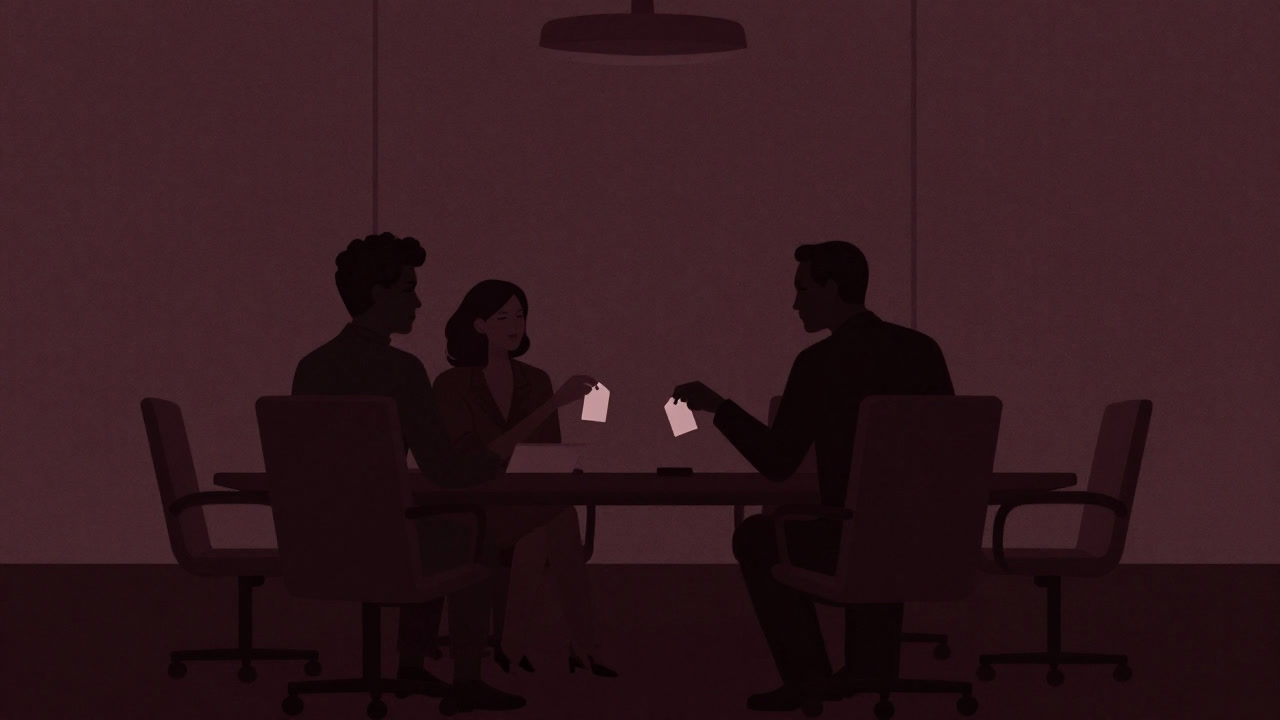 Silhouettes of several businessmen around a table, winking at each other while exchanging price tags