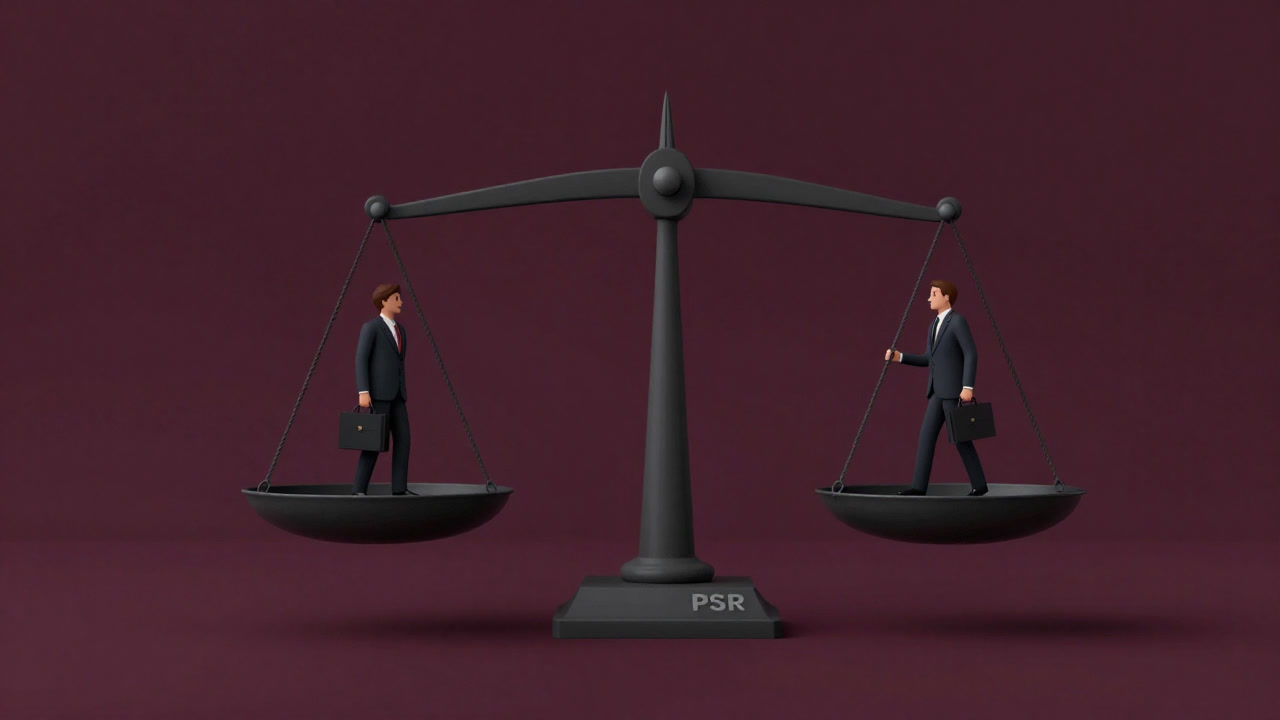 売上高を天秤にかける投資家を映した風刺画的イラスト