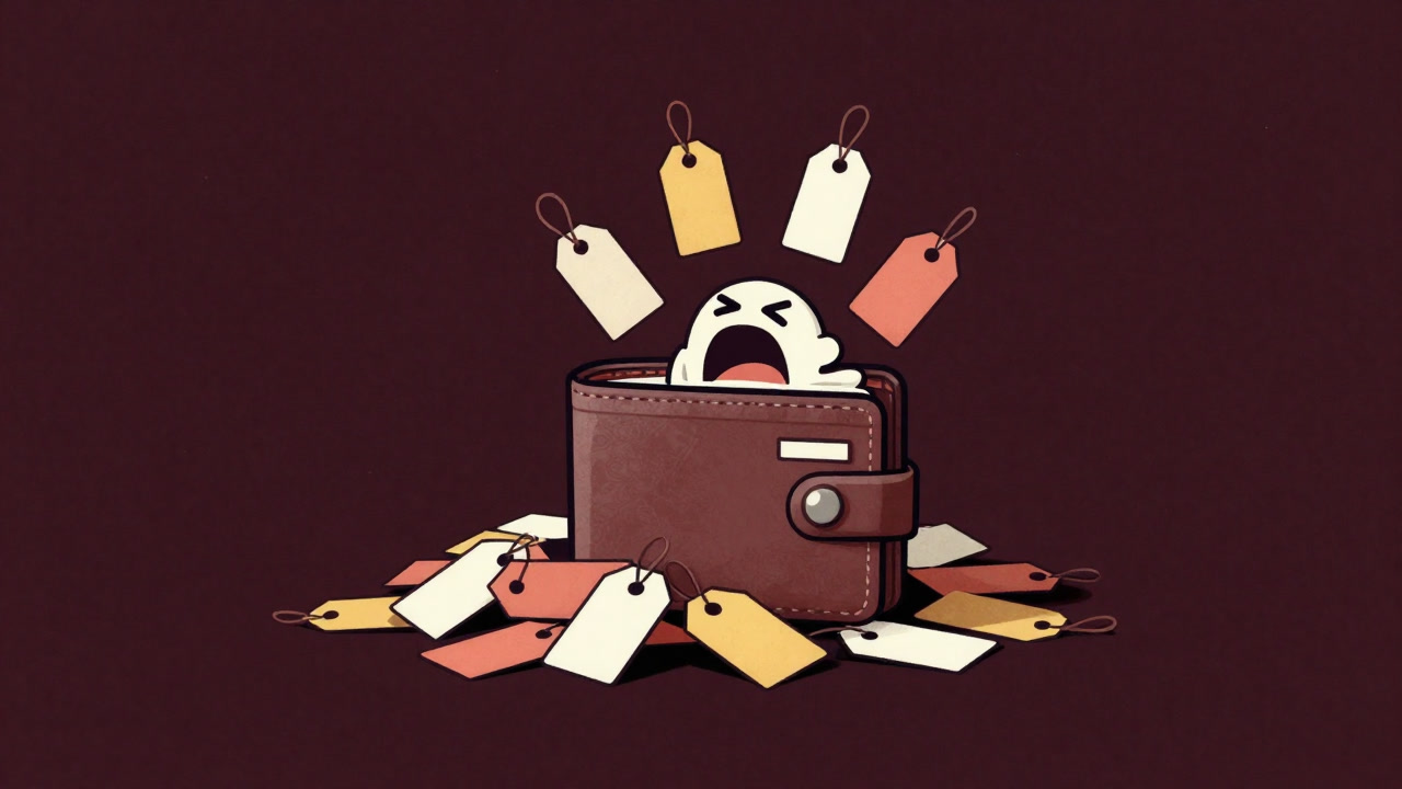 Illustration of a wallet buried under a mountain of price tags screaming in despair.