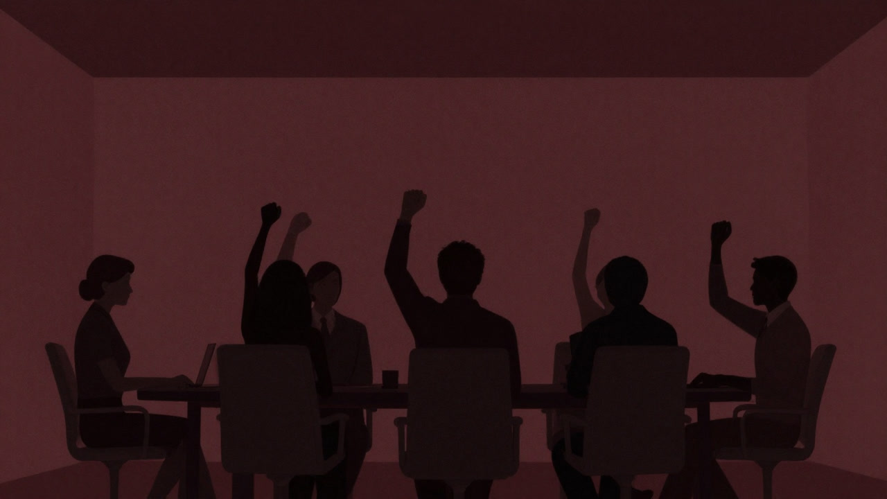 Silhouette of a group around a table raising fists in unison