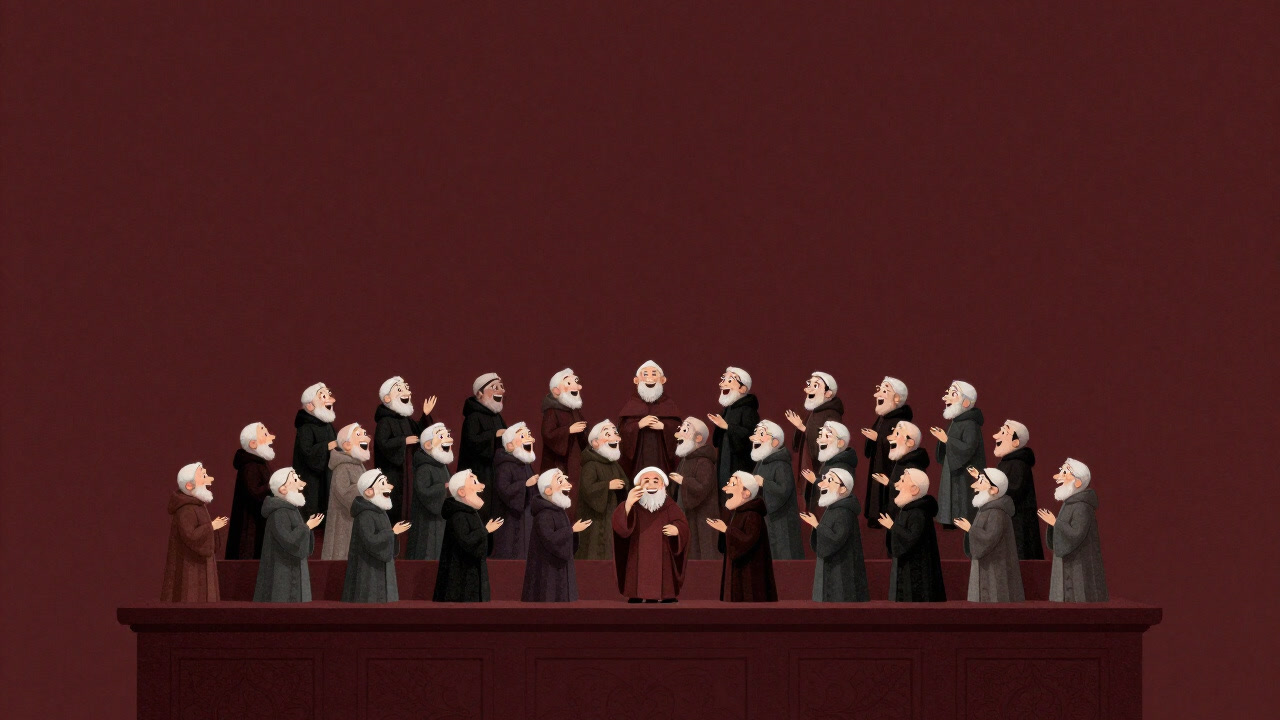 Illustration of countless miniature priests chatting noisily atop an altar