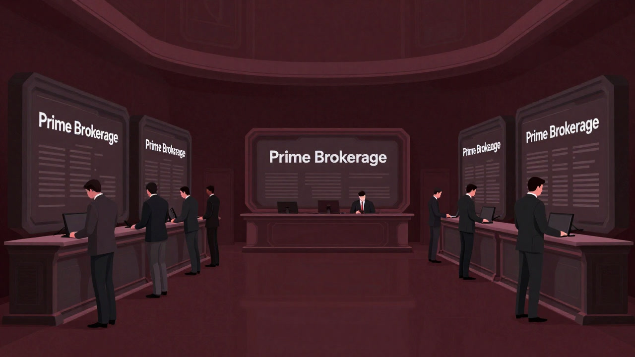 高級感溢れるトレーディングフロアで、スーツ姿の銀行員たちが「プライムブローカレッジ」と書かれたスクリーンを眺めているイメージ