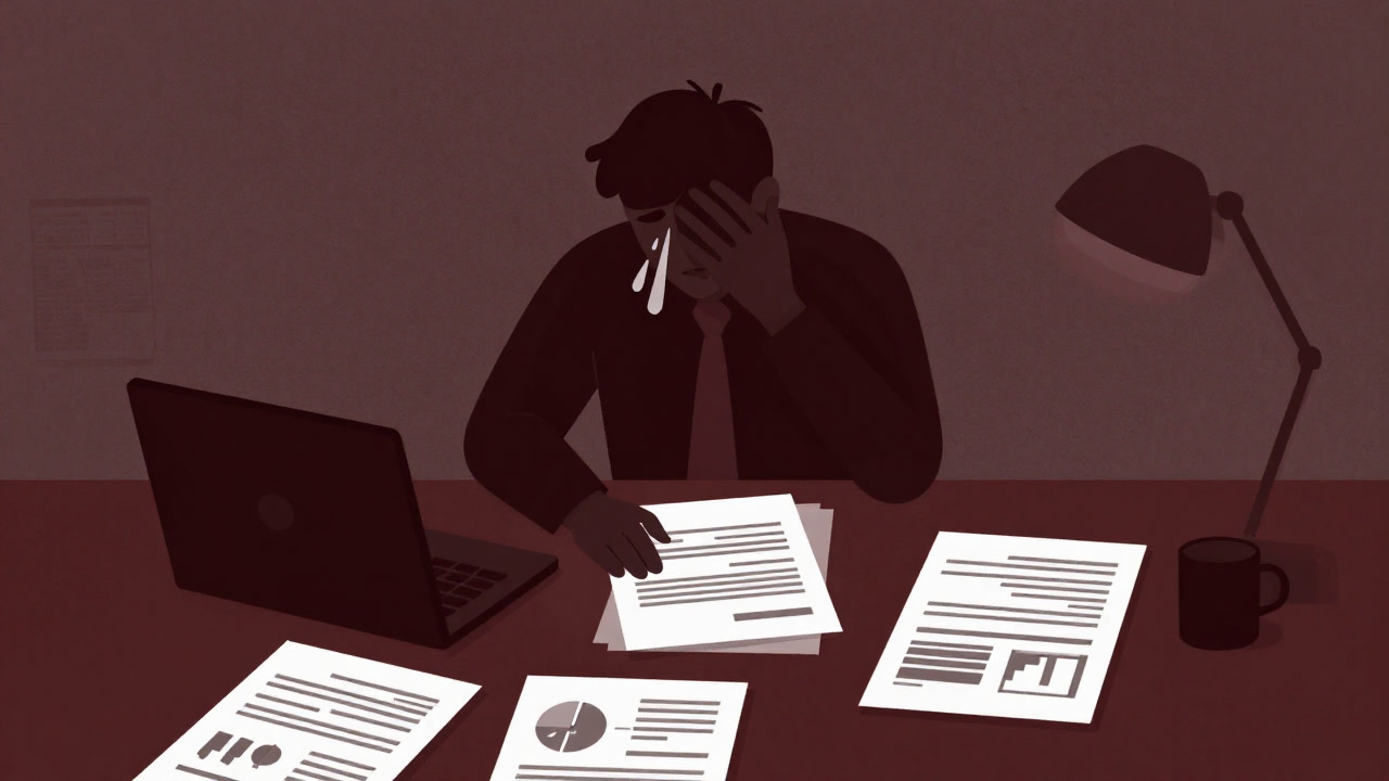 Silhouette of a businessman wiping sweat over a desk buried in documents and numbers