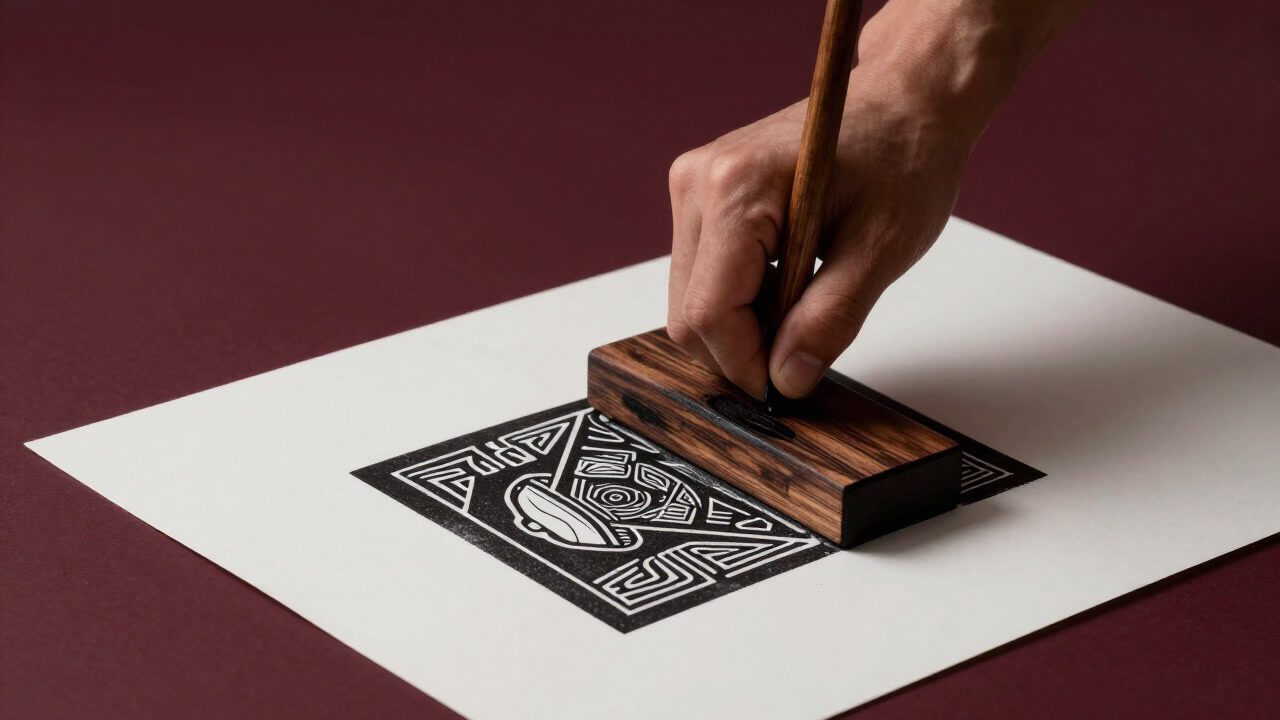 Photo of an artisan’s hands applying ink to a woodblock and pressing paper to create a print