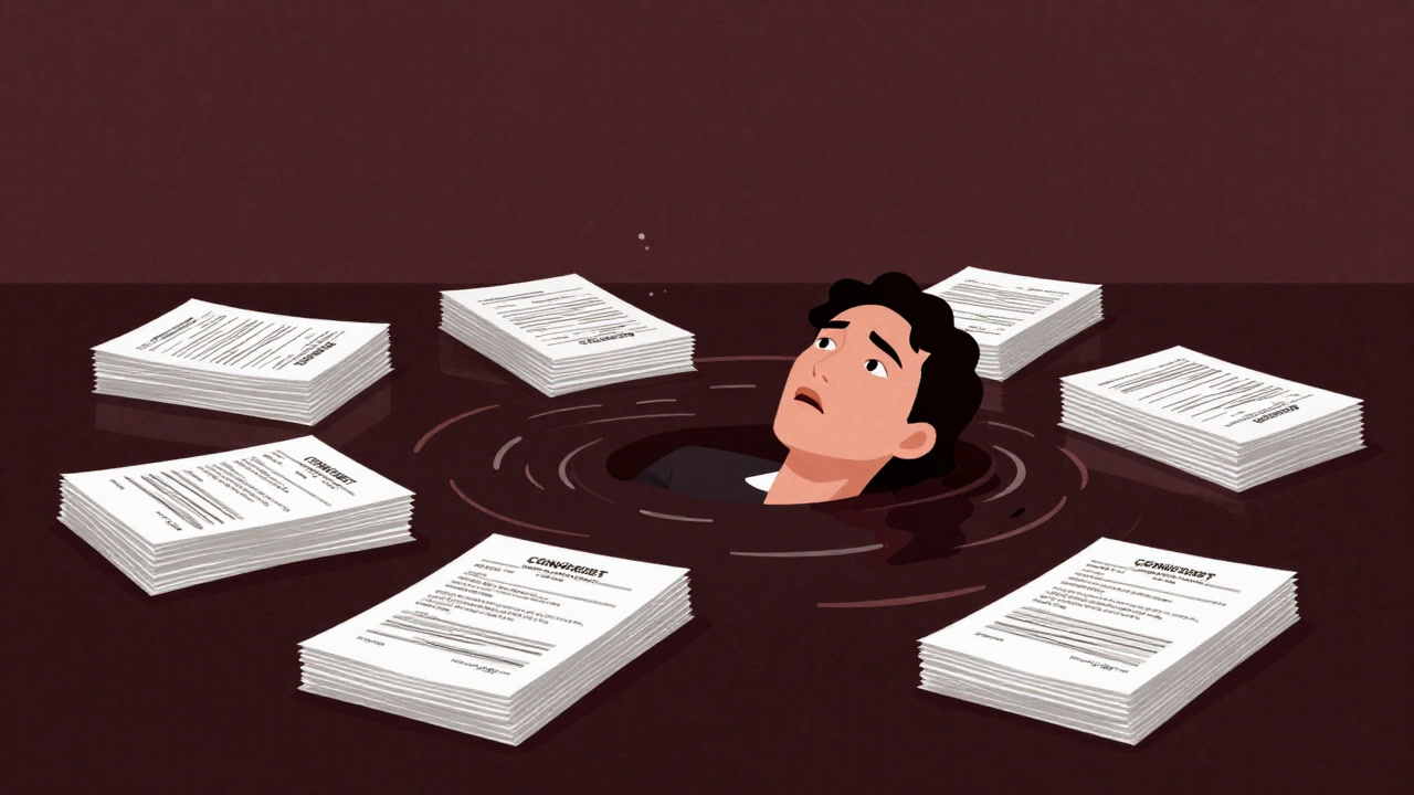 膨大な同意書に囲まれ、途方に暮れる人物のイラスト