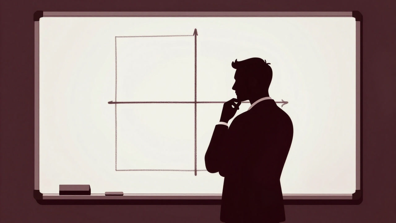 Silhouette of a business person pondering in front of a whiteboard with a prioritization matrix drawn on it