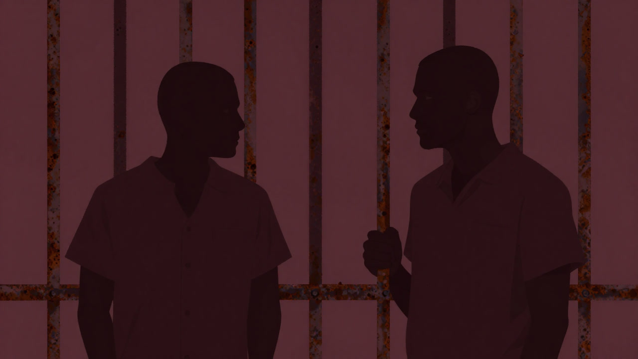 鉄格子越しに互いに疑い合う二人の影絵