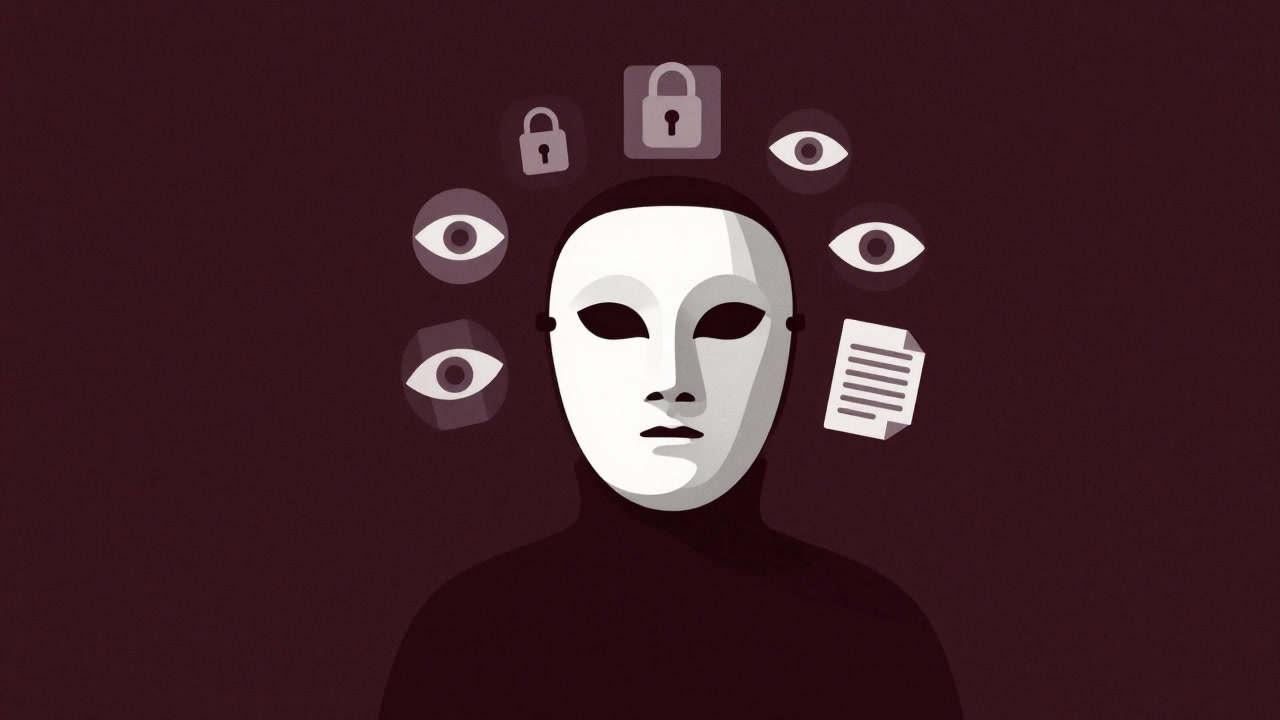 仮面をかぶり、鍵や目、書類のアイコンに囲まれた人物のイラスト