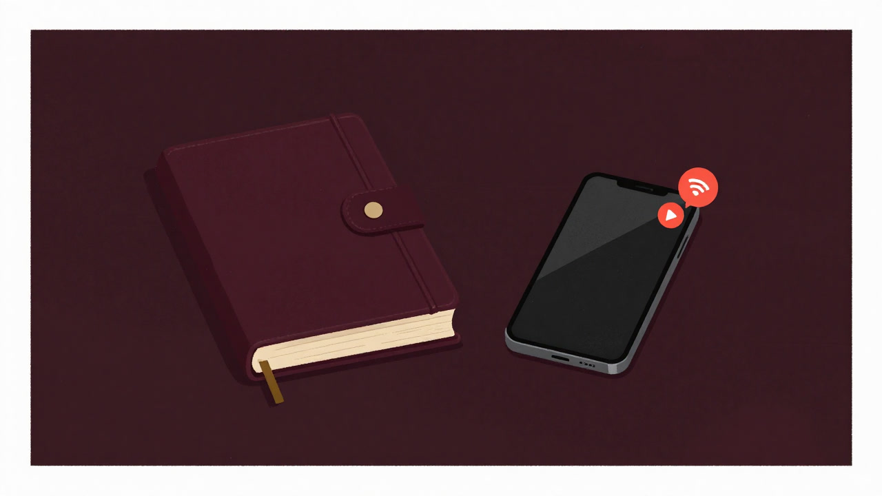 鍵のかかった手帳とスマートフォンが並ぶデスクの上の画像