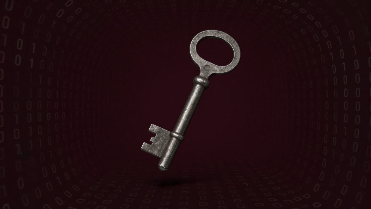 Illustration of an old key floating amidst a stream of binary code