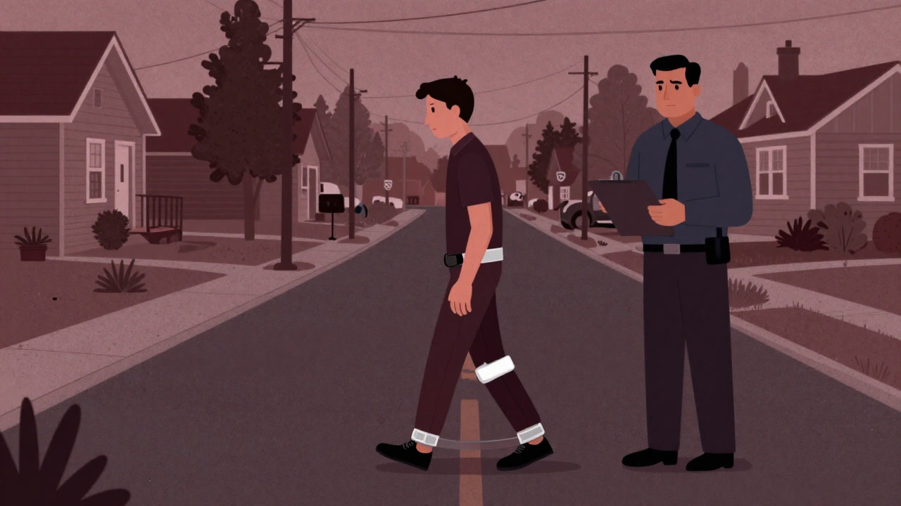 足首に電子タグをつけられ、見張り役の担当官と並んで歩く被監督者のイラスト