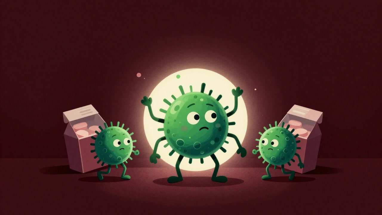 Artistic depiction of green bacteria dancing joyfully in backlit probiotic pill boxes