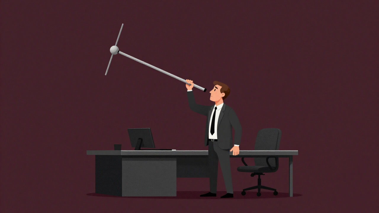 A businessman overlooking a conference room holding a giant antenna