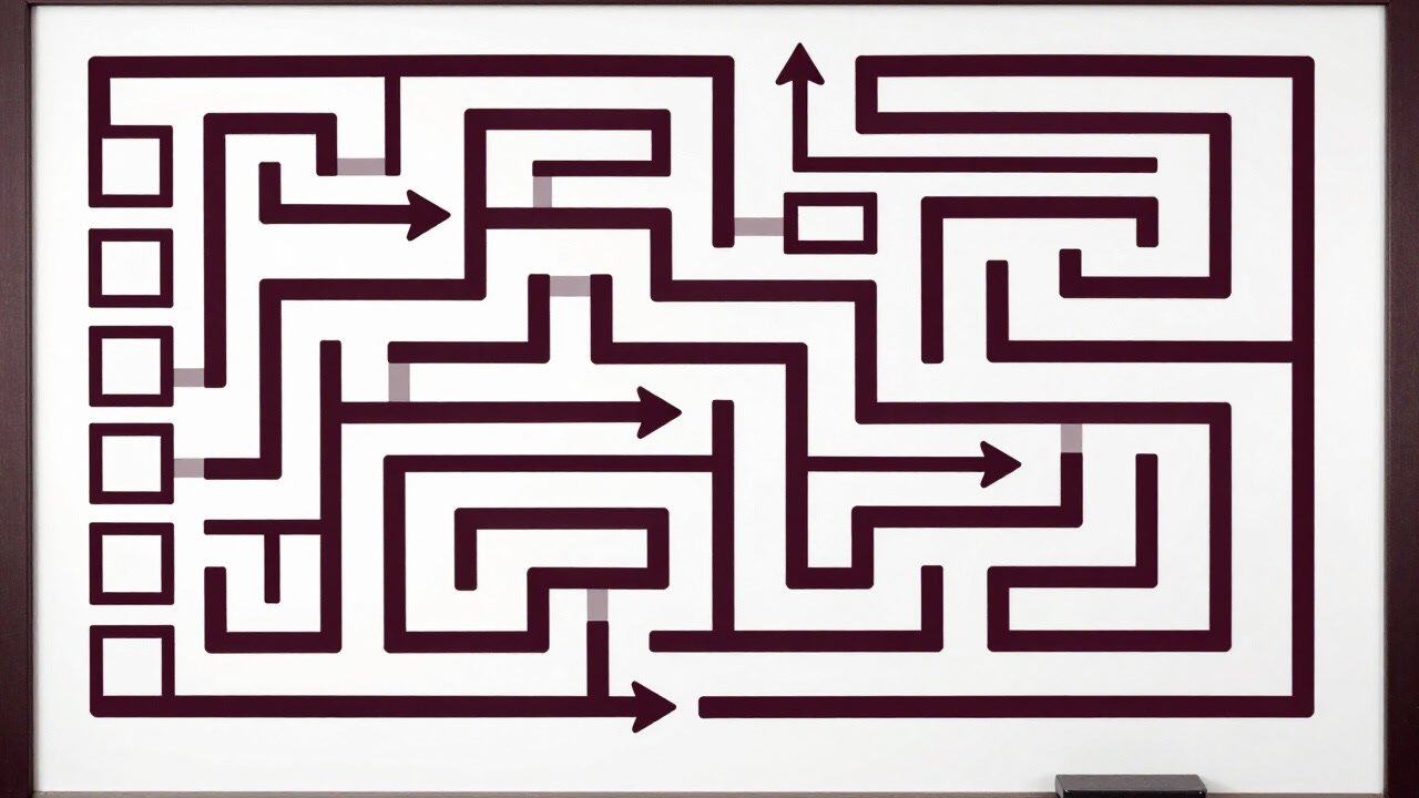 Overhead view of a whiteboard densely covered with boxes and arrows entangled in chaotic lines.