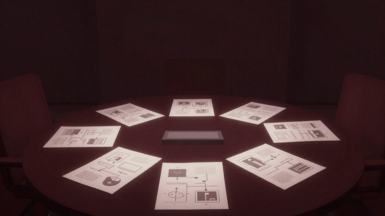 Illustration of flowcharts stacked on a conference table emitting silent curses