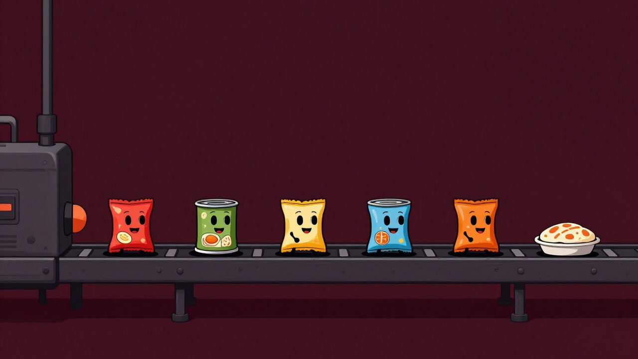 工場のベルトコンベアを背景に、パッケージに顔が描かれ笑う加工食品たちのイラスト