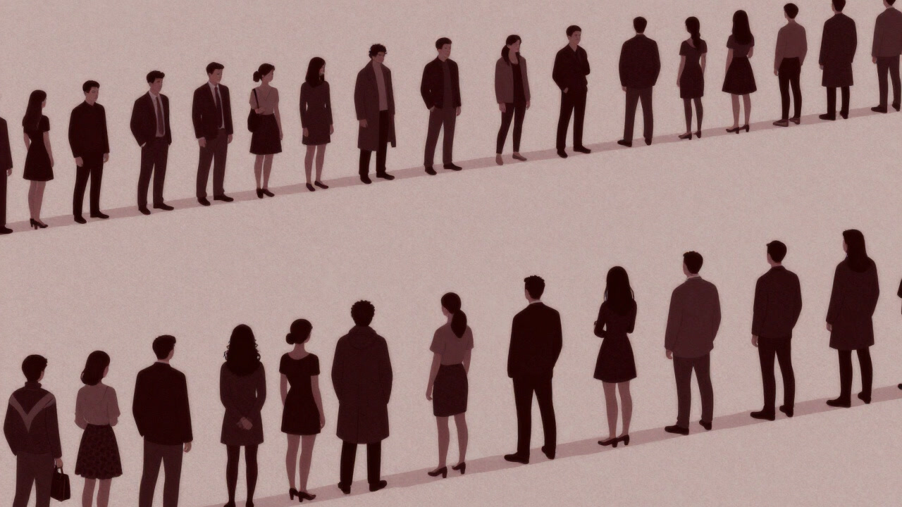 A long line of people stretching into the distance, all queued in silent anticipation