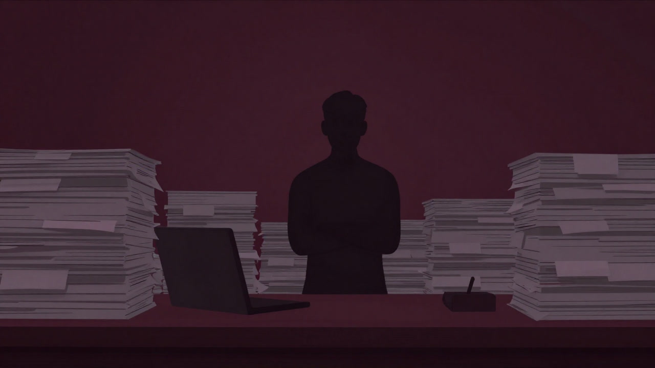 Illustration of a silhouette standing with arms crossed amid a mountain of piled-up tasks on a desk, representing laziness