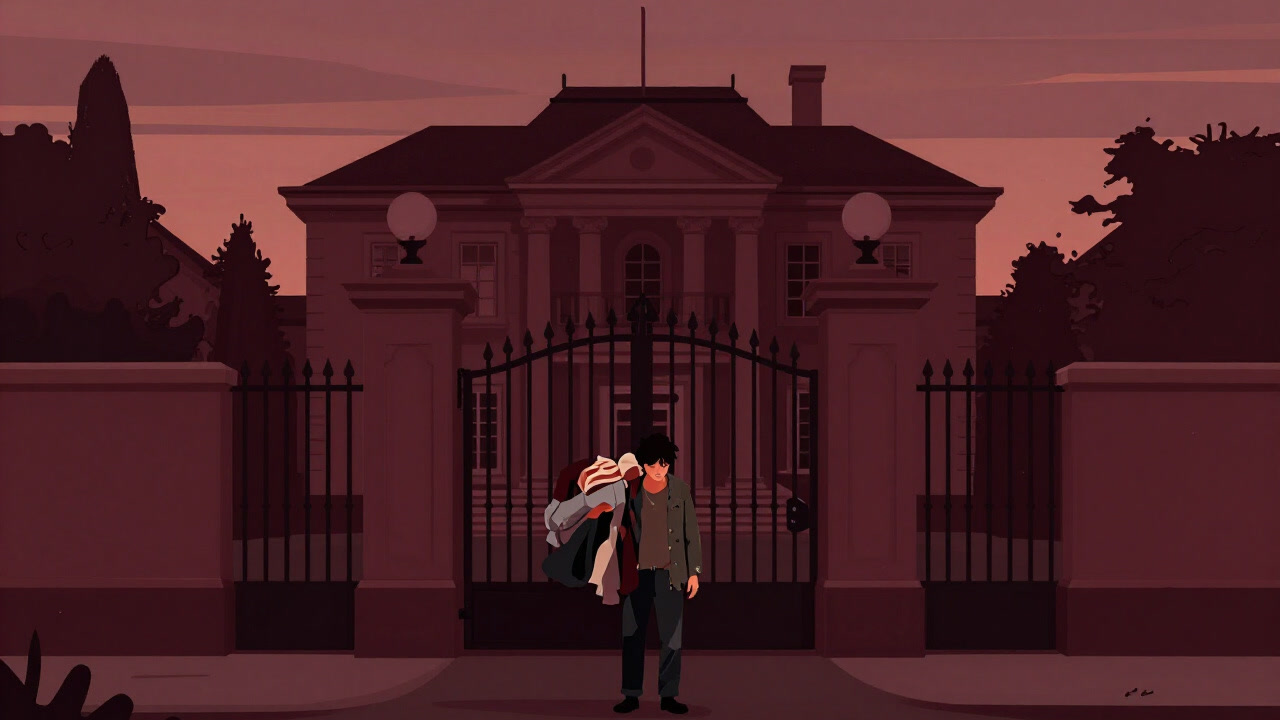 ボロボロの衣服をまとい、荷物を手にした青年が、豪邸の門前で俯く姿