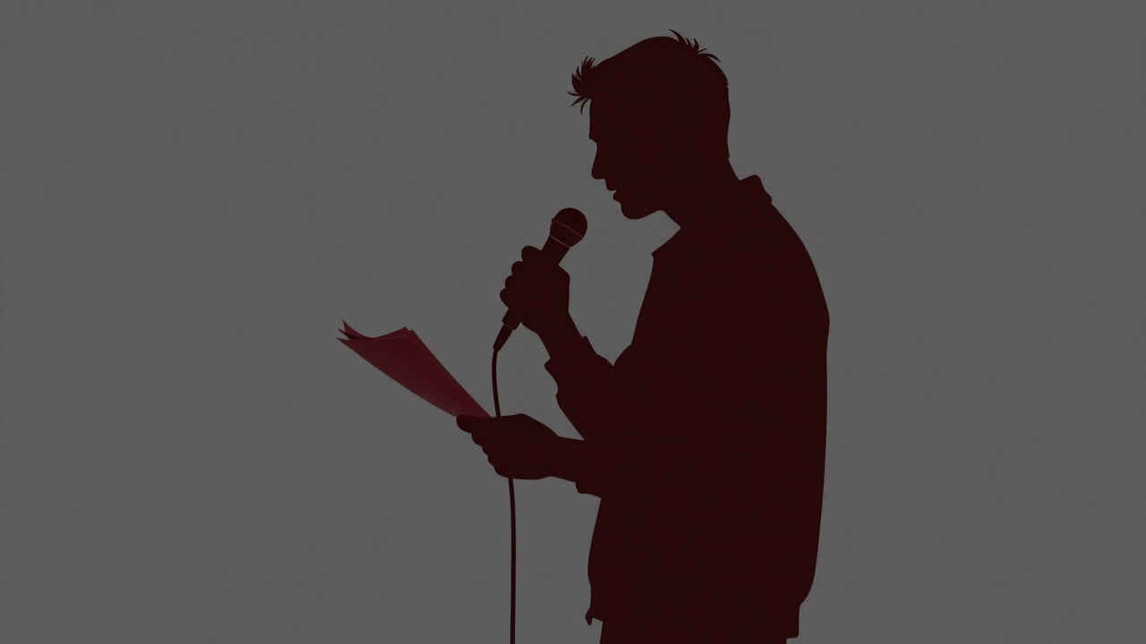 Silhouette of a producer clutching a single microphone and a mountain of documents backstage, anxiously observing the scene