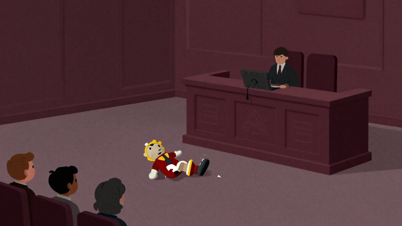 An illustration of a broken toy dragged in front of a courtroom, surrounded by onlookers, in a surreal style