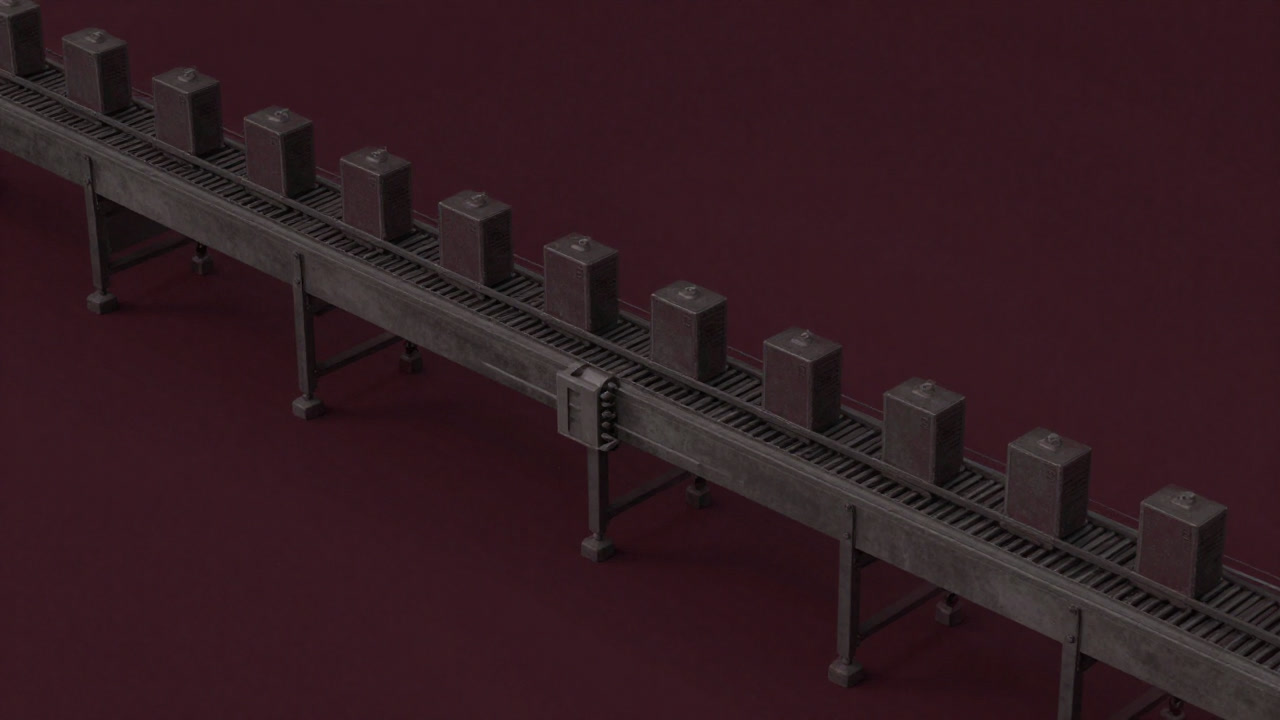 A factory conveyor belt where the same product is painted repeatedly, symbolizing endless lifetime extension.