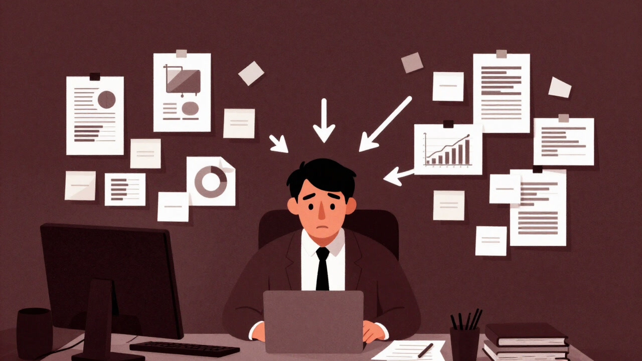 多数の付箋と矢印に囲まれ、途方に暮れるプロダクトマネージャーのイラスト