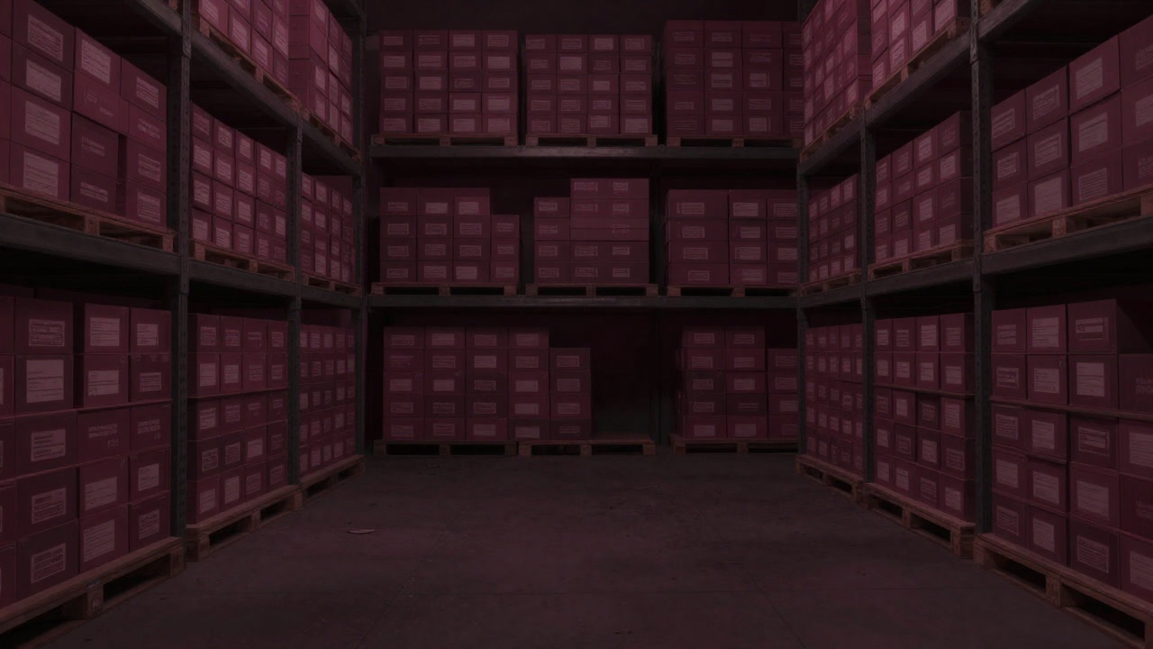 暗い倉庫で無数の未販売製品が棚に積まれている写真