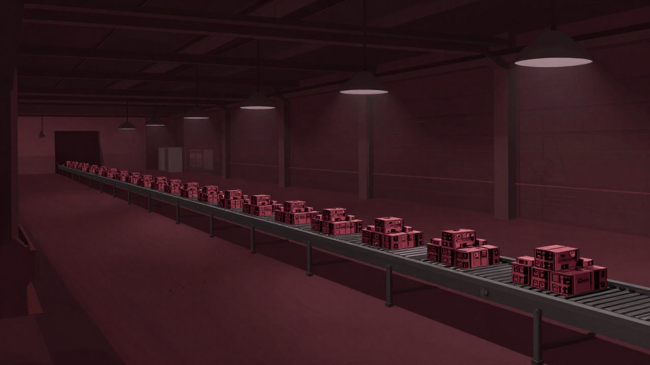 Interior factory shot overlooking piles of products moving endlessly on a conveyor belt