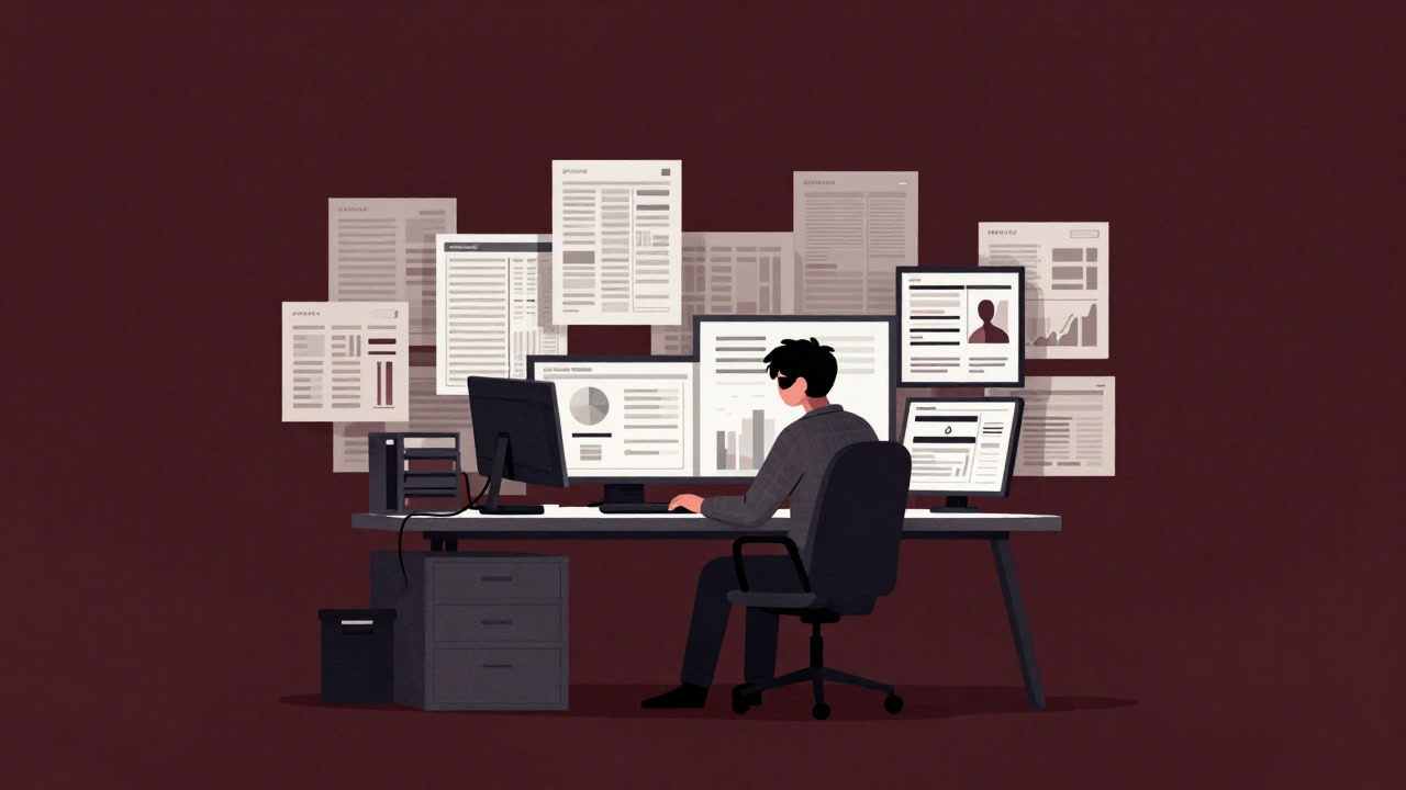 無限のグラフに囲まれ虚ろな目でPCに向かうサラリーマンの姿