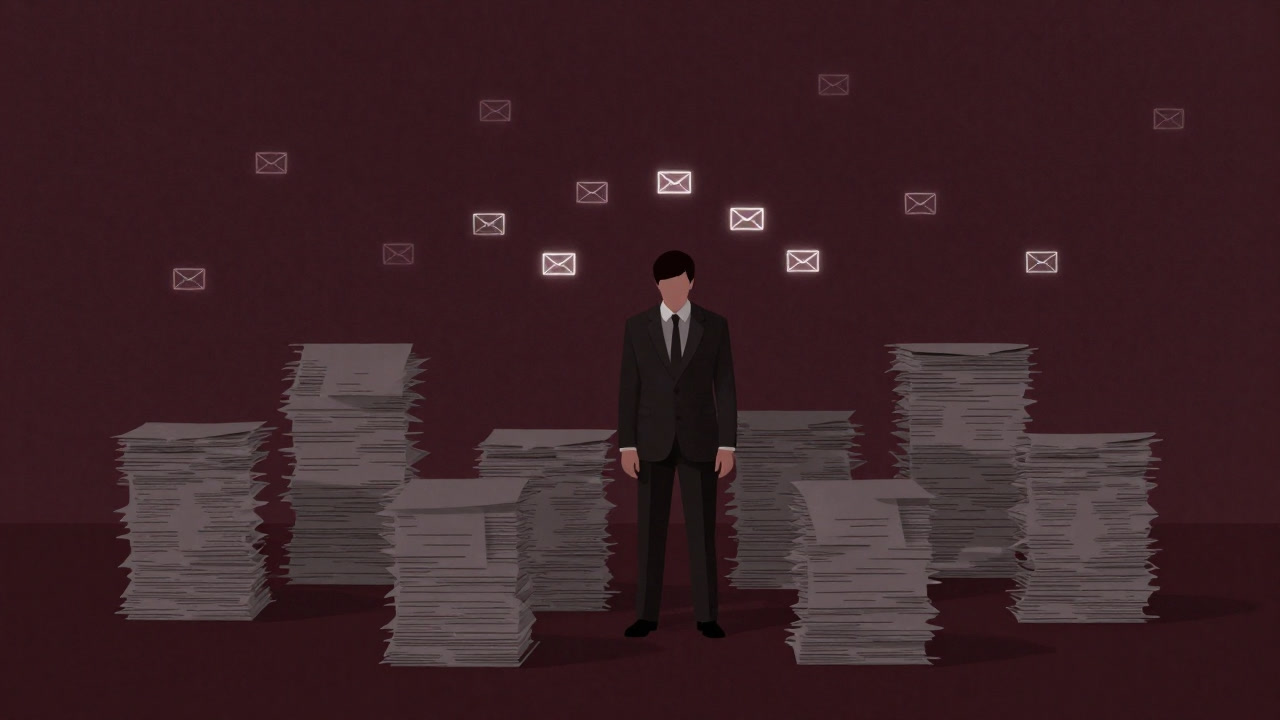 Silhouette of a professional burdened by their prestigious title, slumped at a desk