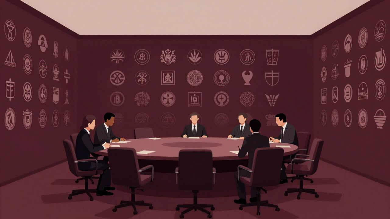 Image of a sterile conference room lined with countless industry logos on the walls